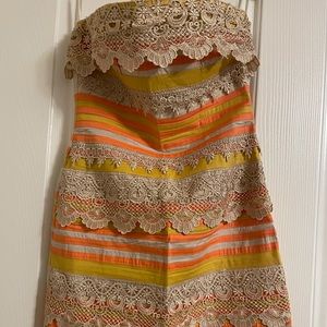 Beautiful tan, orange and yellow strapless dress